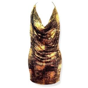 SHEIN Gold Slinky Halter Mini Dress Size Medium